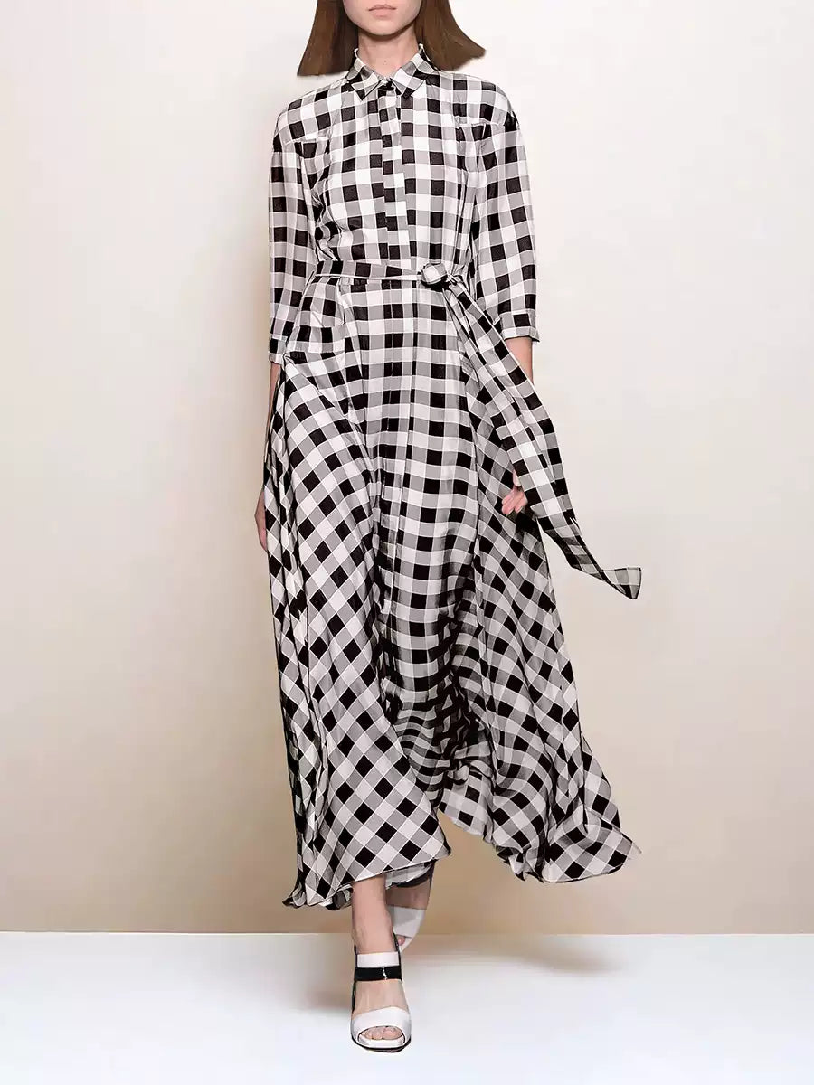 BLACK AND WHITE CHECKERED SHIRT DRESS WITH BELT