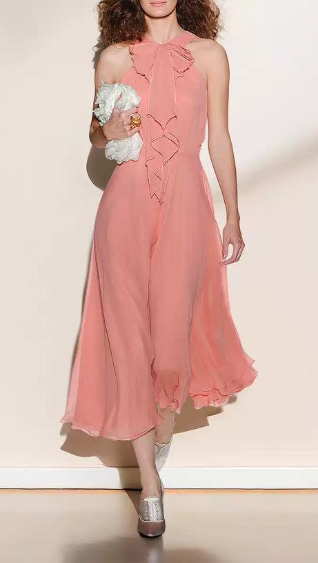 ELEGANT CORAL HALTER MAXI DRESS WITH BOW DETAIL