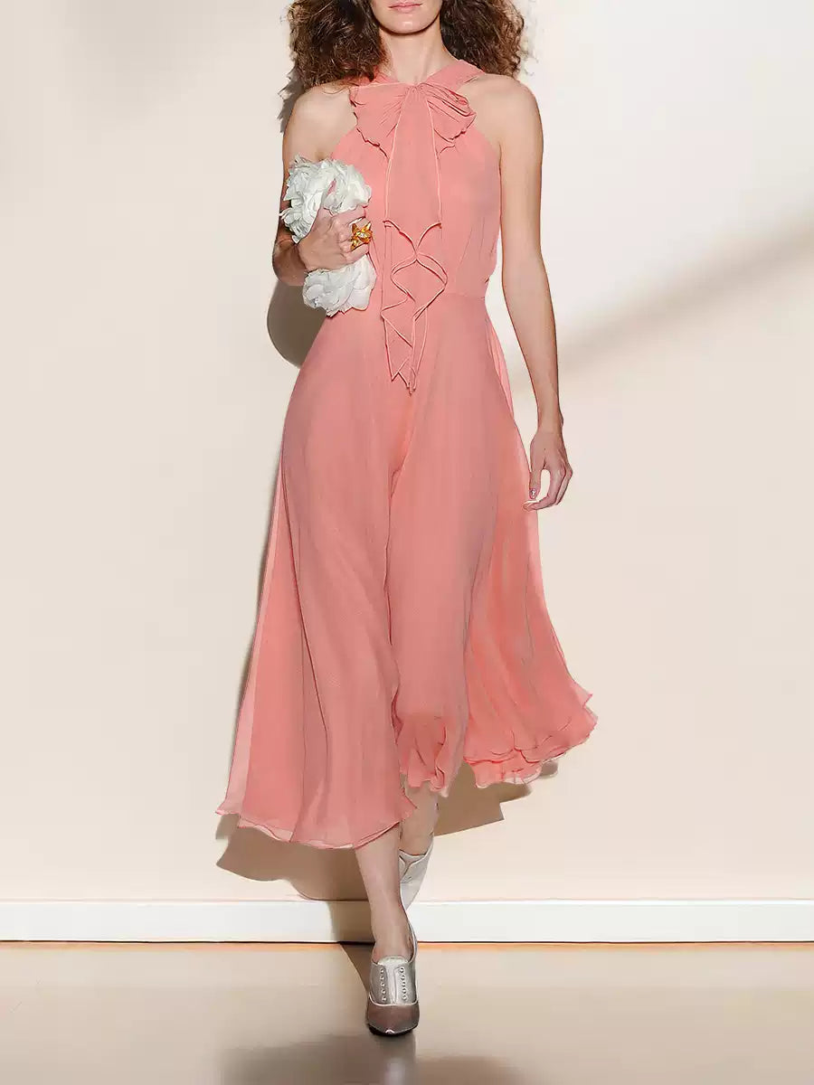 ELEGANT CORAL HALTER MAXI DRESS WITH BOW DETAIL