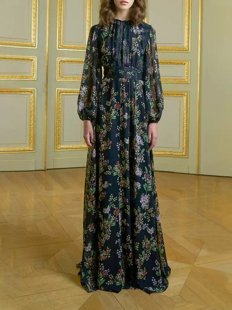 AIIZIE BLACK FLORAL MAXI DRESS WITH SHEER SLEEVES AND LACE DETAILS - product image