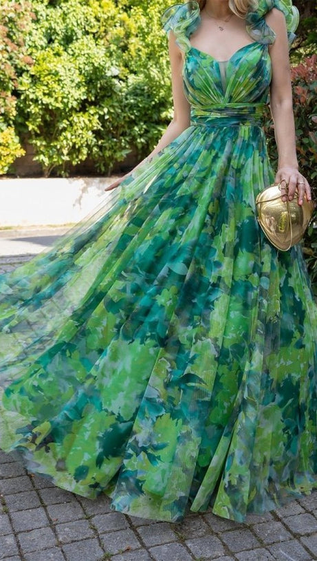 NATIVIDAD FLORAL PRINT TULLE A-LINE GREEN MAXI DRESS