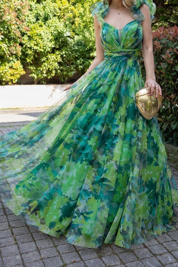 NATIVIDAD FLORAL PRINT TULLE A-LINE GREEN MAXI DRESS