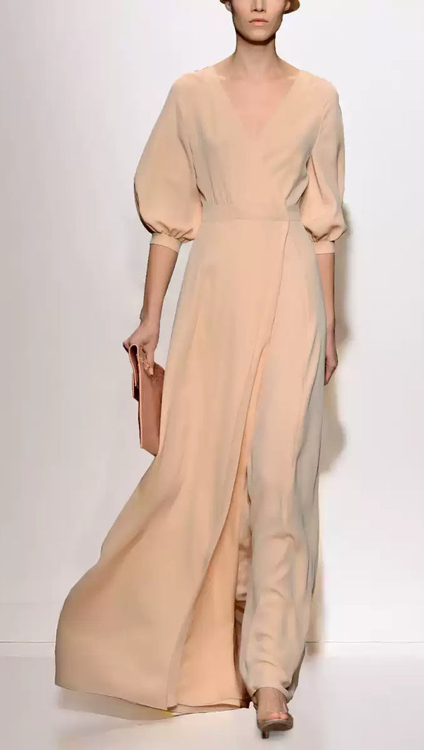 AIIZIE ELEGANT BEIGE WRAP MAXI DRESS WITH PUFF SLEEVES - product image
