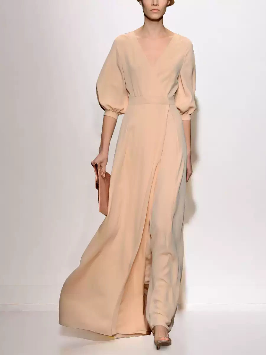 ELEGANT BEIGE WRAP MAXI DRESS WITH PUFF SLEEVES
