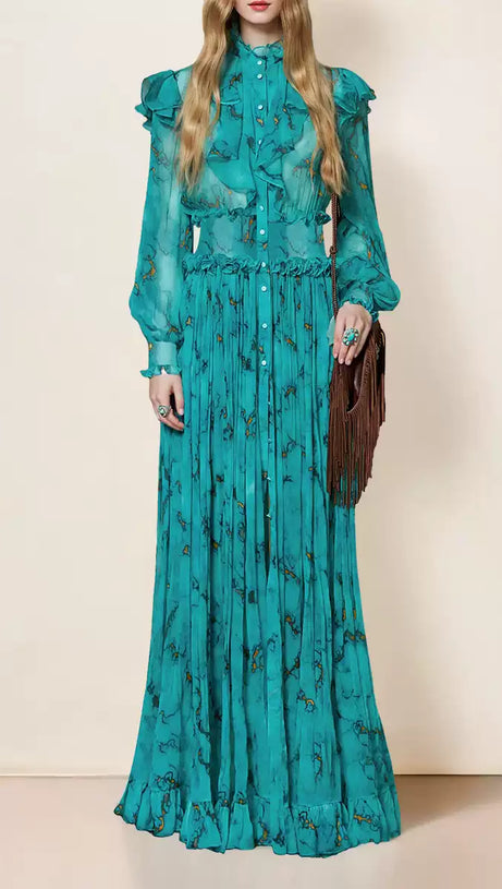 ELEGANT TEAL FLORAL MAXI DRESS WITH RUFFLES AND BUTTONS