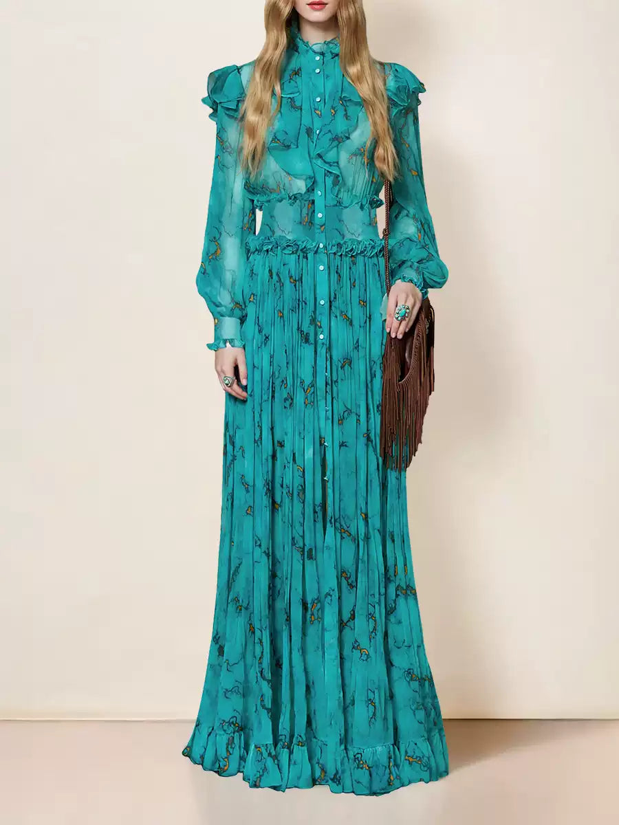 ELEGANT TEAL FLORAL MAXI DRESS WITH RUFFLES AND BUTTONS