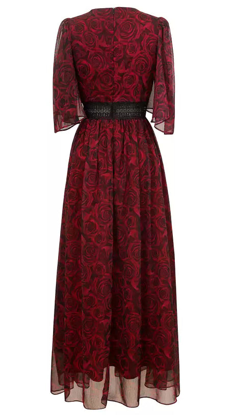 Rotes Maxikleid mit V-Ausschnitt und kurzen Ärmeln und Rosendruck 