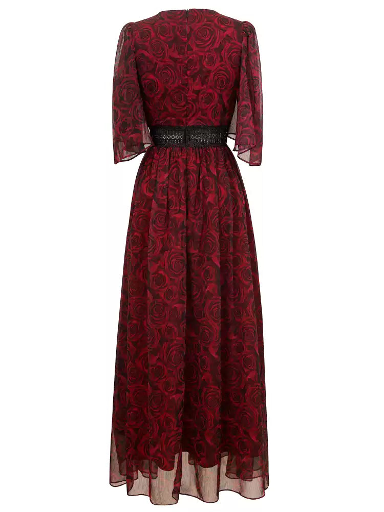 AIIZIE RED PRINTED ROSE V - NECK SHORT - SLEEVE MAXI DRESS - product image