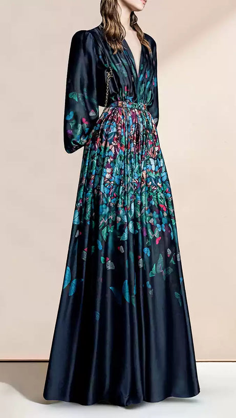 ELEGANT BUTTERFLY - PRINTED MAXI DRESS WITH BELT AND SHEER SLEEVES