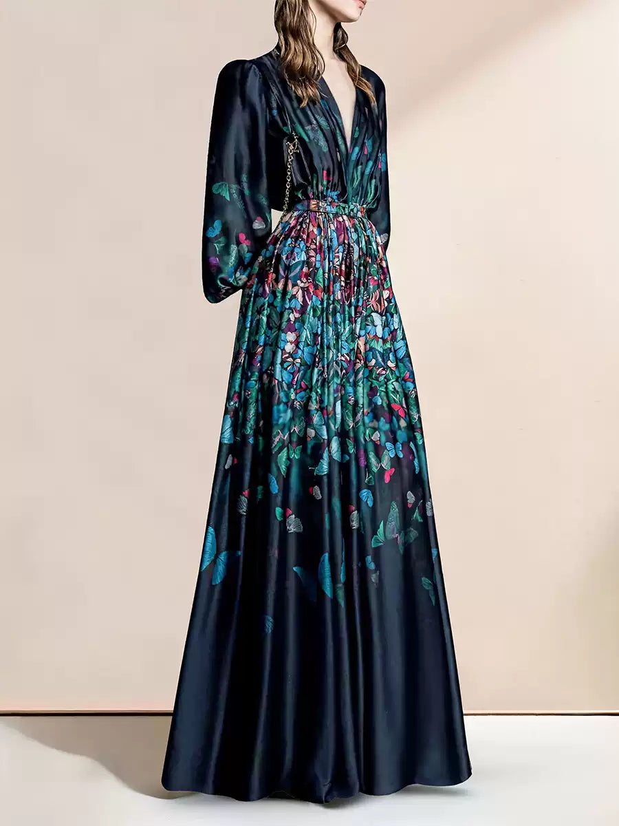 ELEGANT BUTTERFLY - PRINTED MAXI DRESS WITH BELT AND SHEER SLEEVES