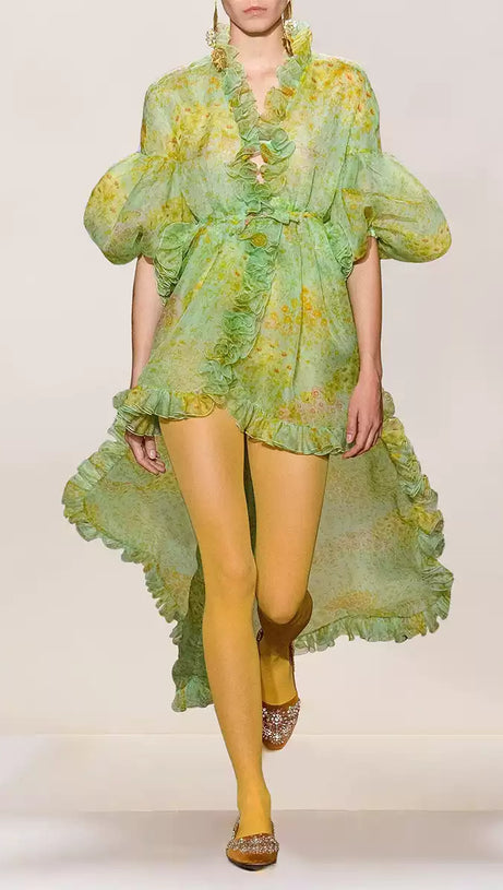 GREEN ELEGANT FLORAL CHIFFON MAXI DRESS WITH RUFFLES AND BELT