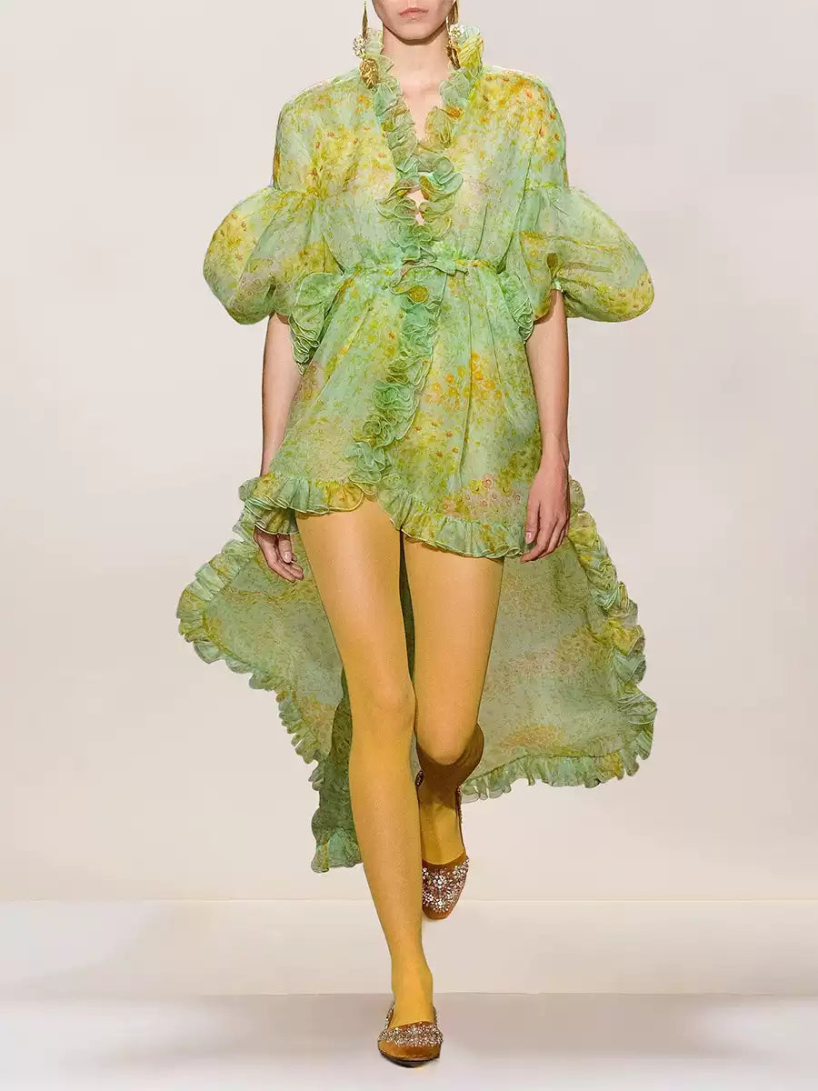 GREEN ELEGANT FLORAL CHIFFON MAXI DRESS WITH RUFFLES AND BELT