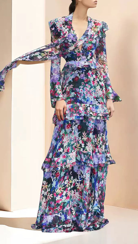 ELEGANT FLORAL MAXI DRESS WITH BOW NECKLINE AND RUFFLES