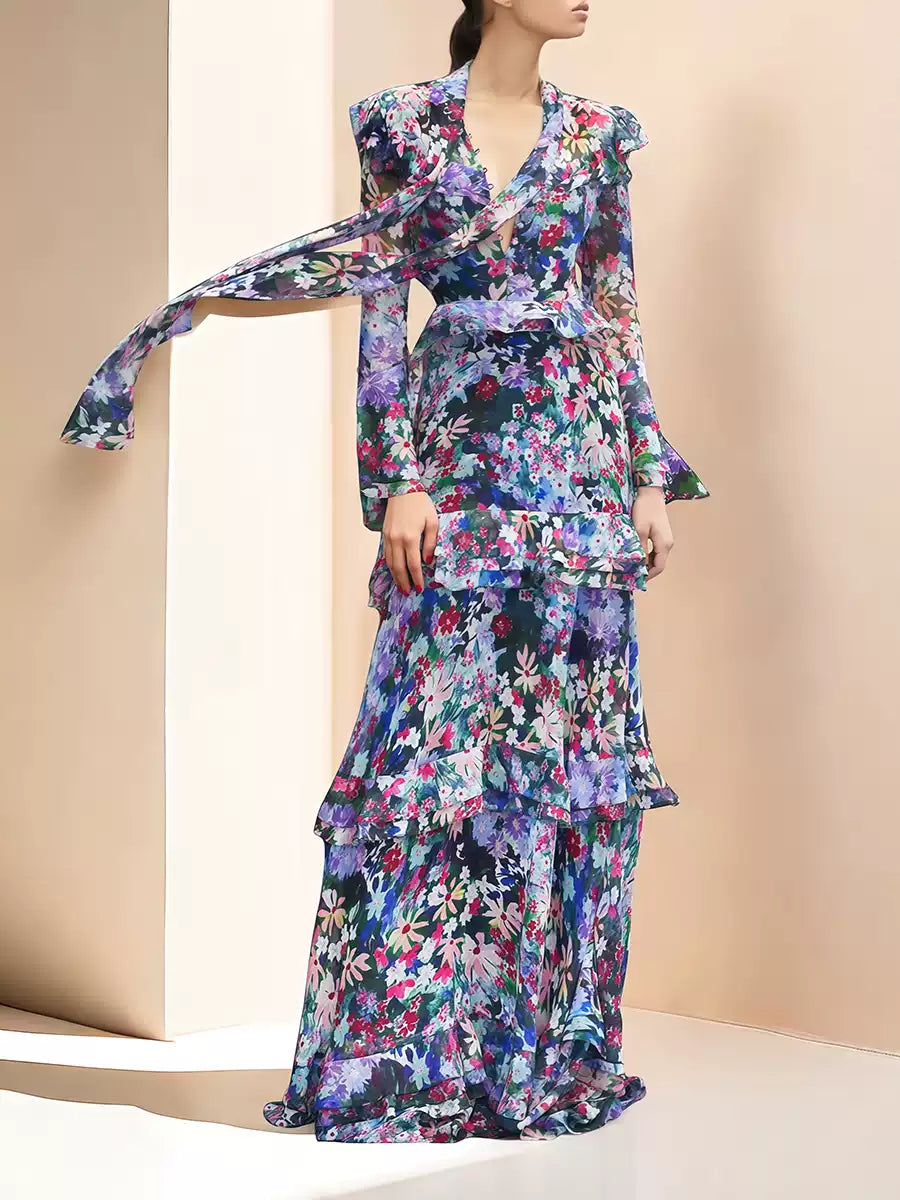 ELEGANT FLORAL MAXI DRESS WITH BOW NECKLINE AND RUFFLES