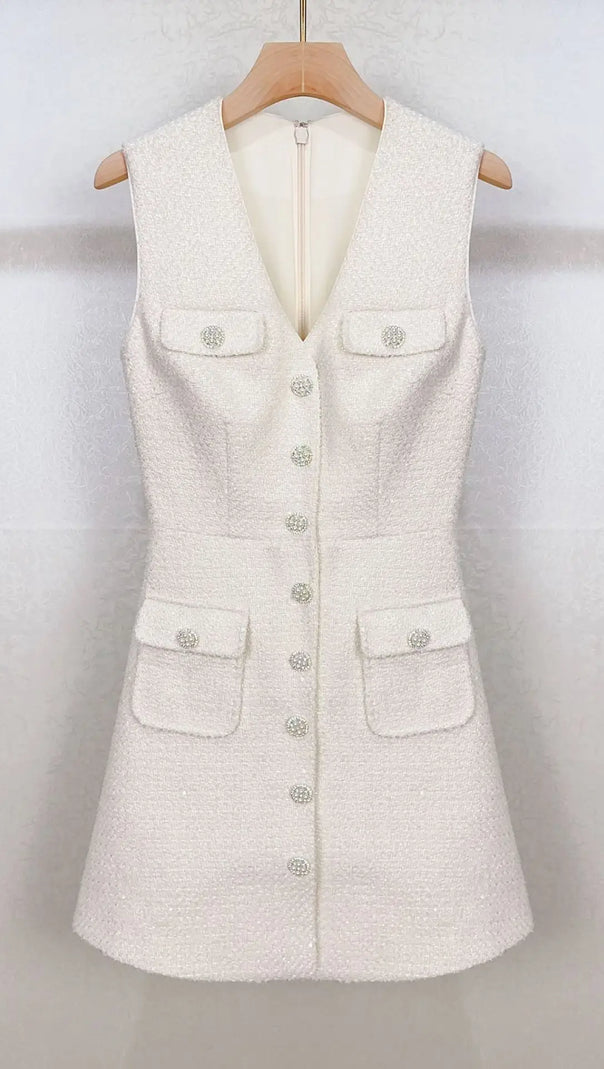Cremefarbenes Bouclé-Minikleid mit Knöpfen