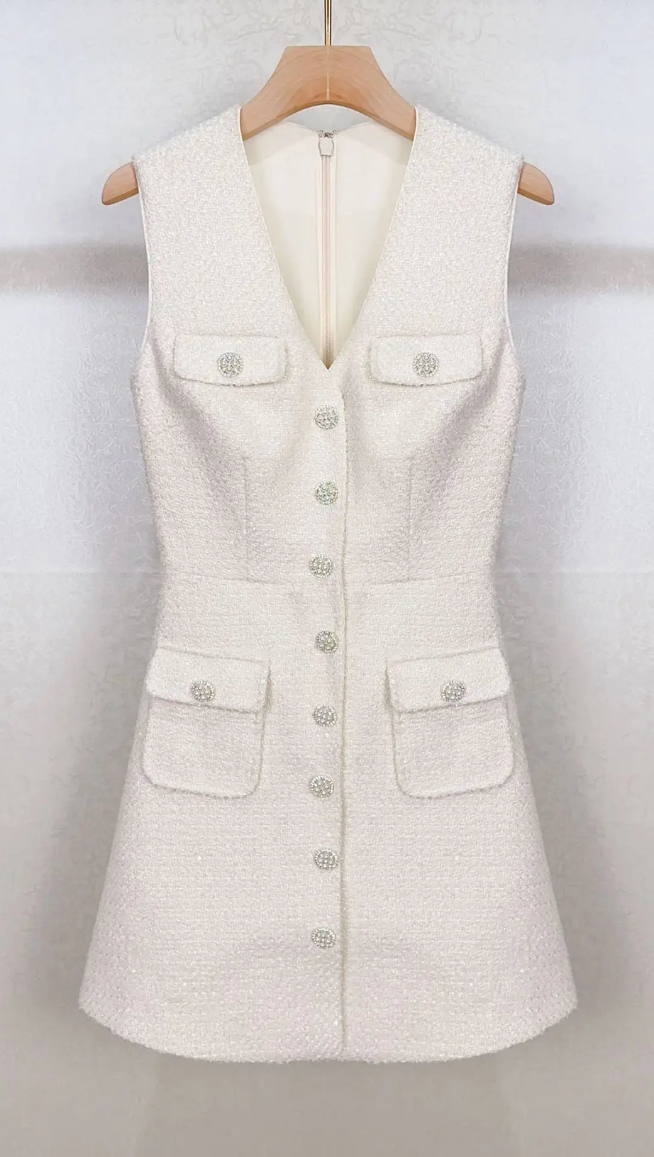 CREAM TINSEL BOUCLE BUTTONED MINI DRESS