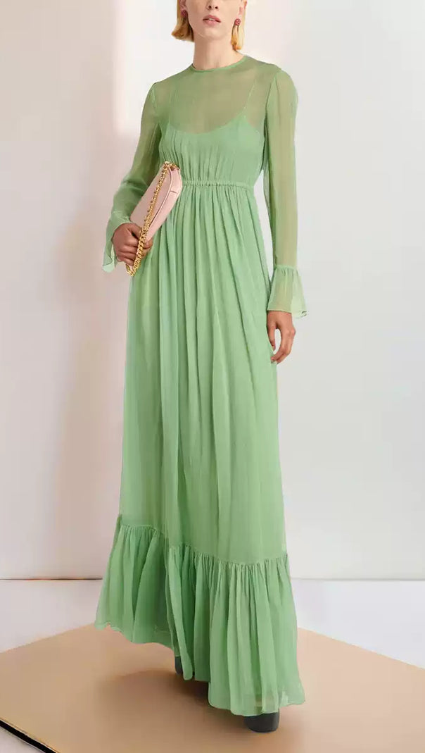 AIIZIE ELEGANT GREEN MAXI DRESS WITH SHEER LONG SLEEVES - product image