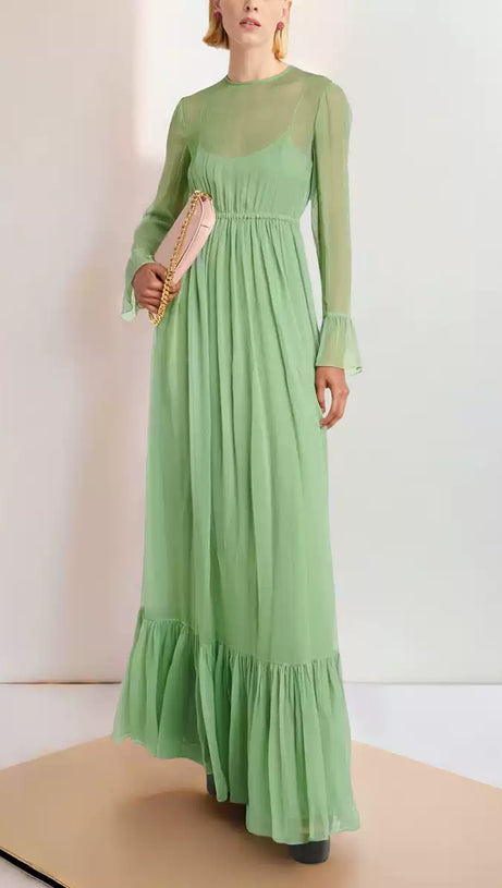 ELEGANT GREEN MAXI DRESS WITH SHEER LONG SLEEVES