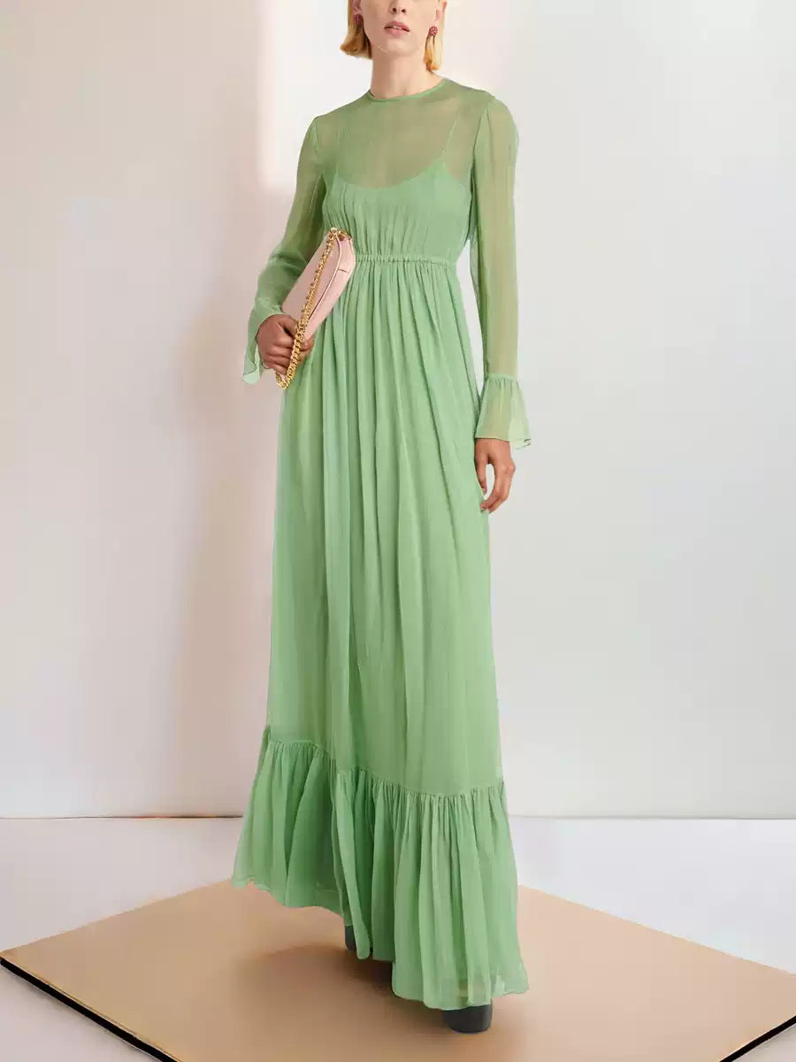 ELEGANT GREEN MAXI DRESS WITH SHEER LONG SLEEVES