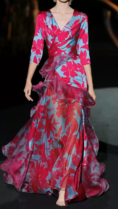 ELEGANT FLORAL WRAP DRESS WITH RUFFLED HEM AND SHEER DETAILS