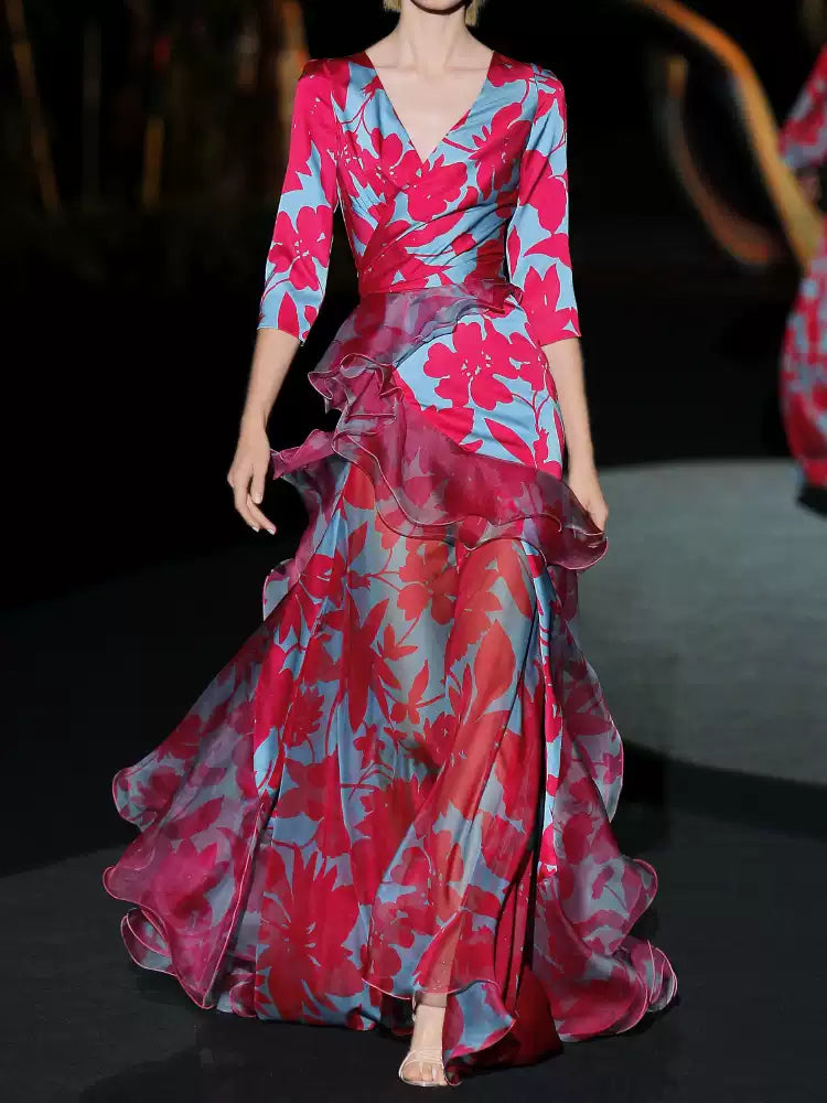 ELEGANT FLORAL WRAP DRESS WITH RUFFLED HEM AND SHEER DETAILS