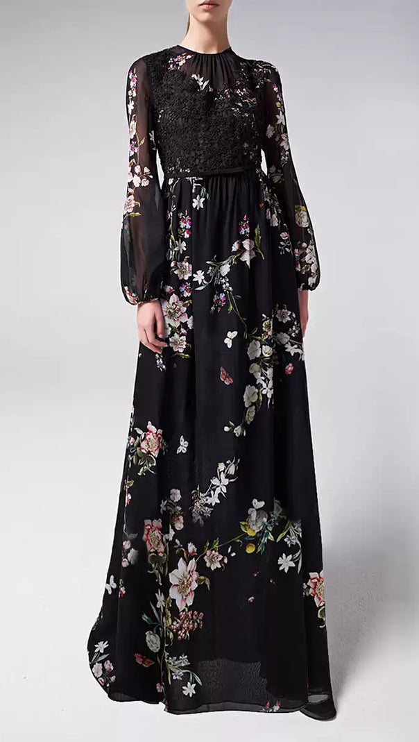 AIIZIE BLACK ELEGANT FLORAL LONG DRESS WITH SHEER SLEEVES AND LACE DETAIL - product image
