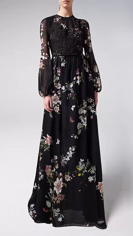 BLACK ELEGANT FLORAL LONG DRESS WITH SHEER SLEEVES AND LACE DETAIL