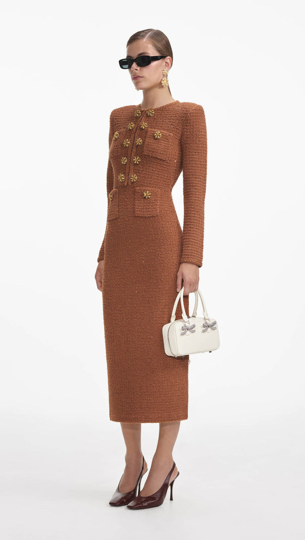 AIIZIE AMELIA BRAIDED-EDGE TWEED MIDI DRESS IN BROWN - product image