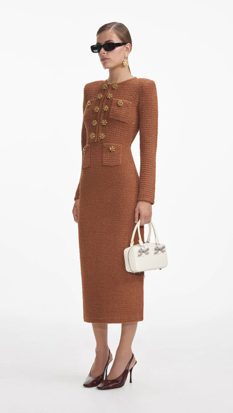 AMELIA BRAIDED-EDGE TWEED MIDI DRESS IN BROWN