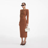 amelia braided-edge tweed midi dress in brown