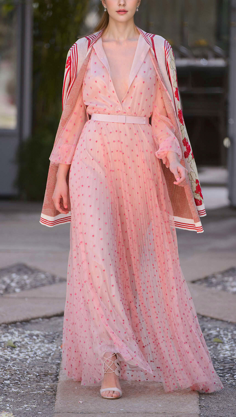 ELEGANT PINK SHEER DOT MAXI DRESS WITH TIE NECKLINE
