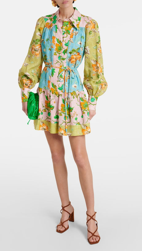 DONNA PRINTED COLORBLOCKED LINEN SHIRT DRESS