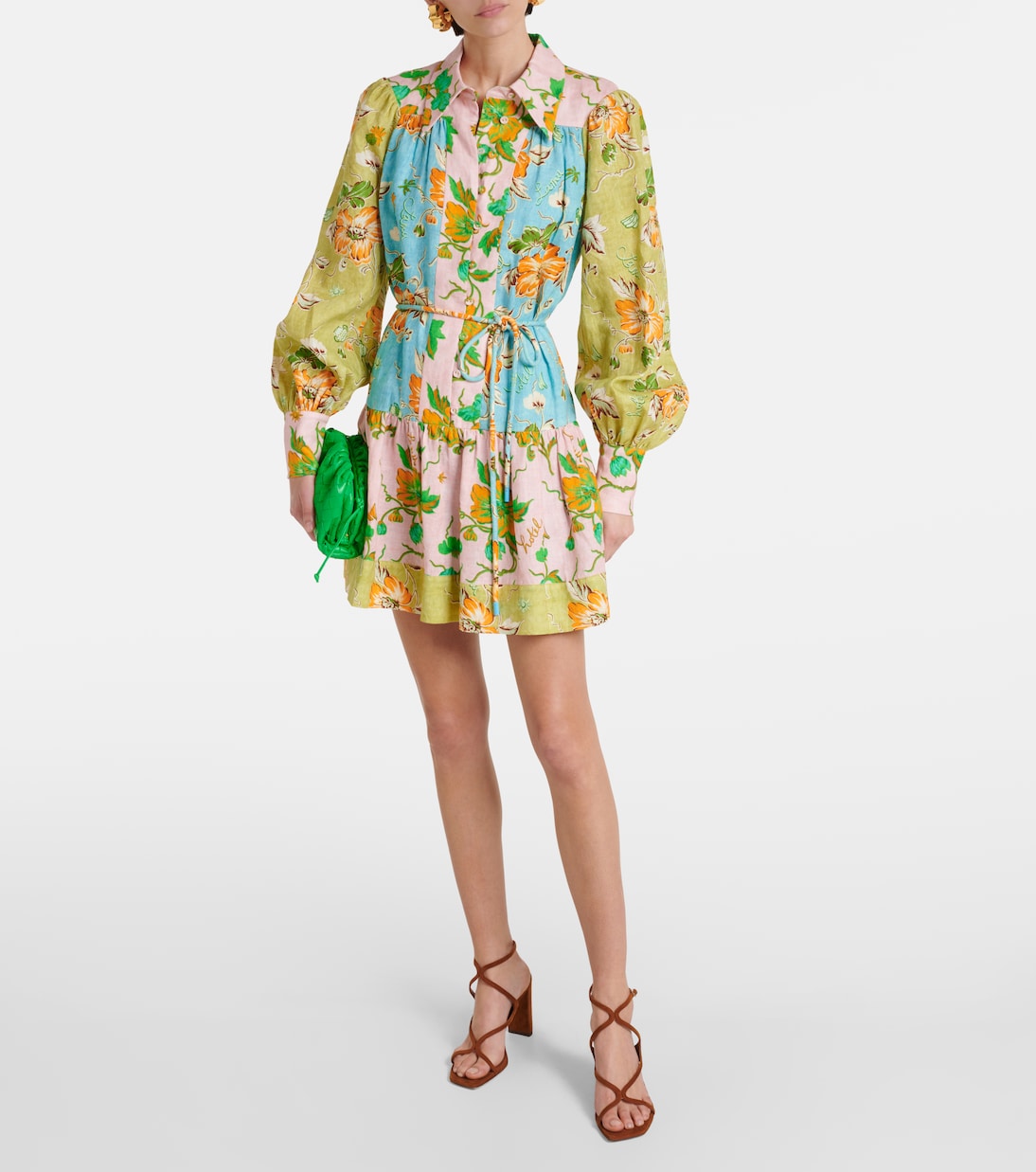 DONNA PRINTED COLORBLOCKED LINEN SHIRT DRESS