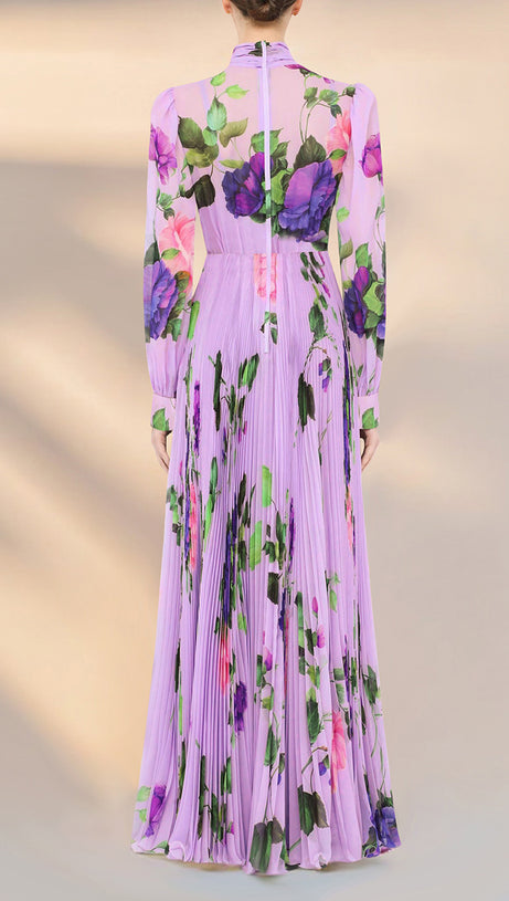 LILAC FLORAL PRINT BOW NECKLINE LONG CHIFFON DRESS