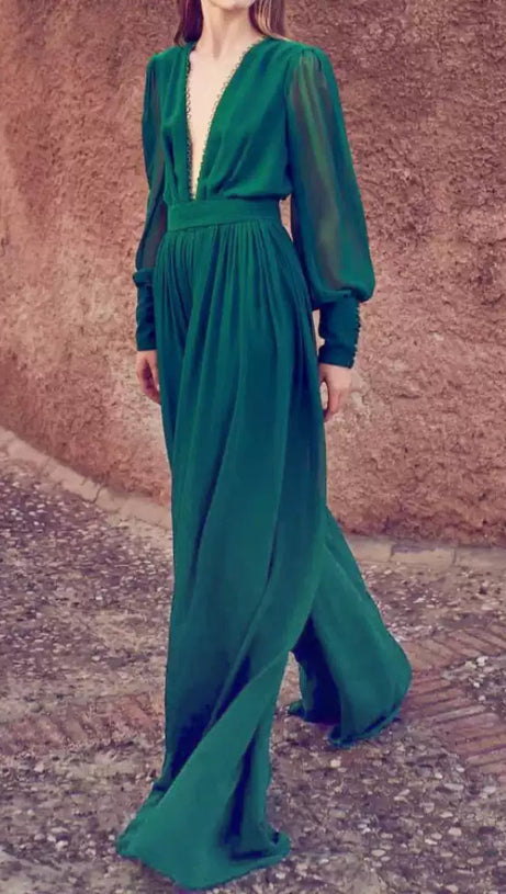 EMERALD GREEN CHIFFON MAXI DRESS WITH SHEER SLEEVES AND KEYHOLE BACK