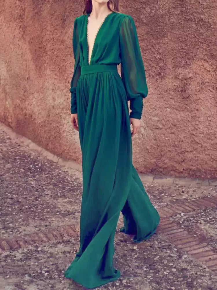AIIZIE EMERALD GREEN CHIFFON MAXI DRESS WITH SHEER SLEEVES AND KEYHOLE BACK - product image
