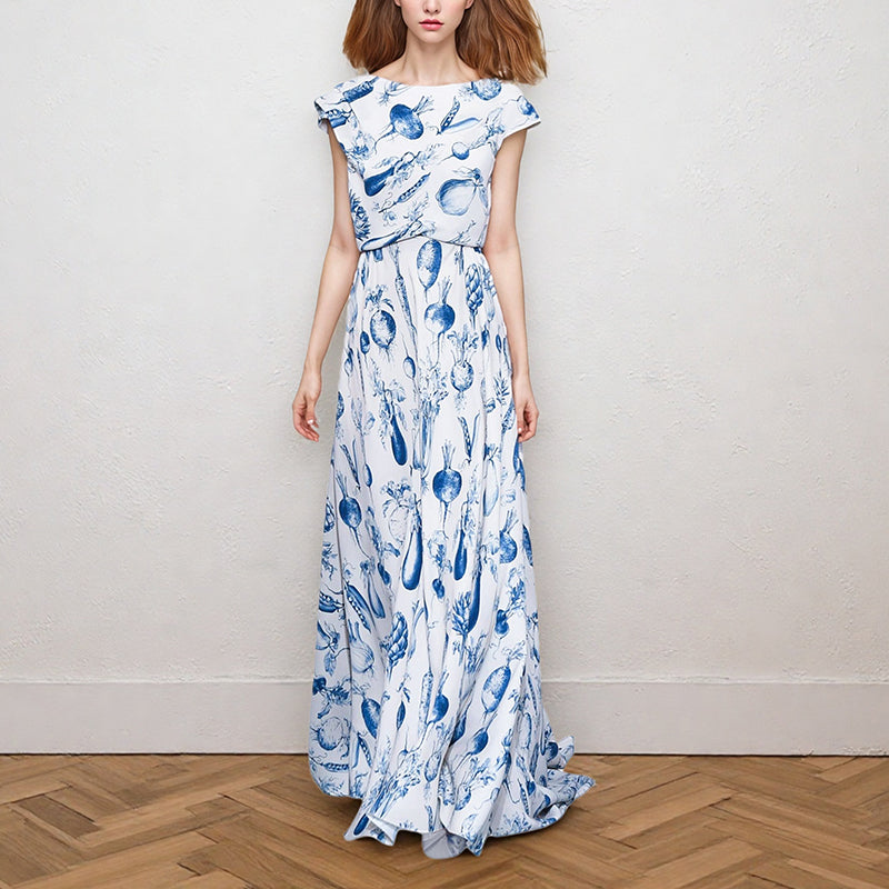 WHITE MAXI DRESS WITH BLUE VEGETABLE PRINTS AND CAP SLEEVES