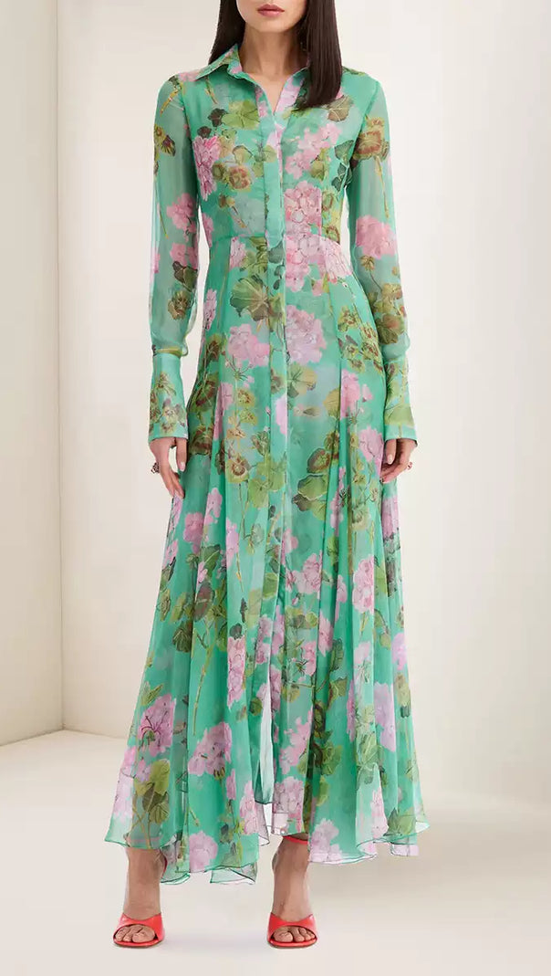 AIIZIE GREEN SHEER FLORAL MAXI DRESS WITH SHIRT COLLAR - product image