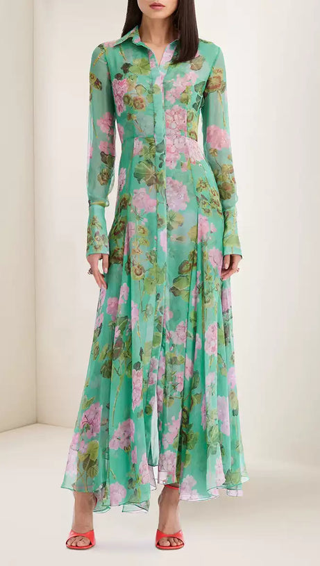 GREEN SHEER FLORAL MAXI DRESS WITH SHIRT COLLAR