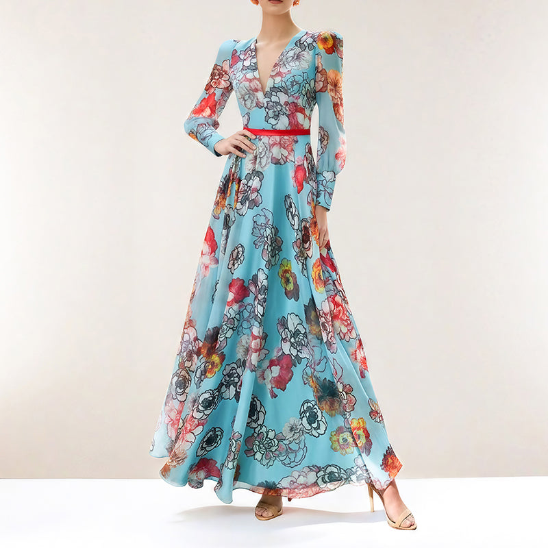 BLUE FLORAL PRINT V - NECK MAXI DRESS WITH RED BELT