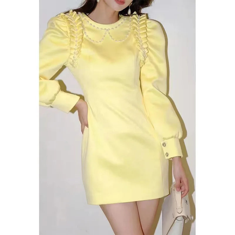 PEARL CRYSTAL EMBELLISHED YELLOW MINI DRESS