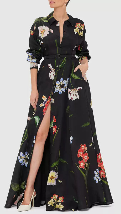 BLACK PRINTED SINGLE - BREASTED SHIRT MAXI DRESS