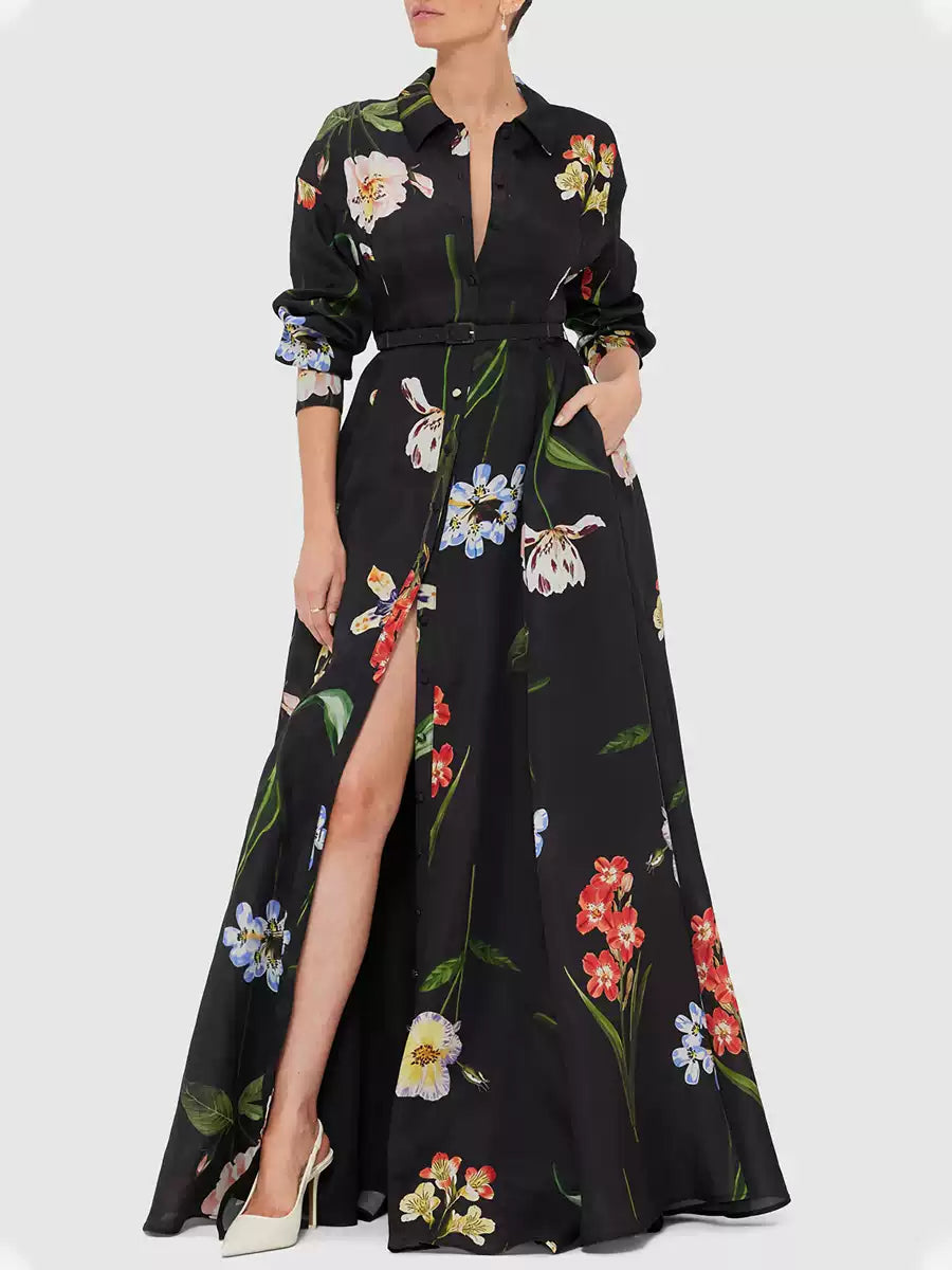 BLACK PRINTED SINGLE - BREASTED SHIRT MAXI DRESS