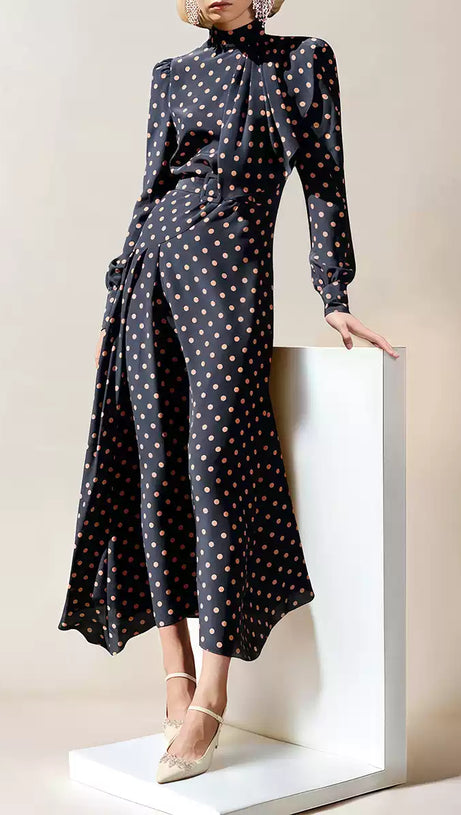 NAVY POLKA DOT TIE NECK MIDI DRESS WITH BELT