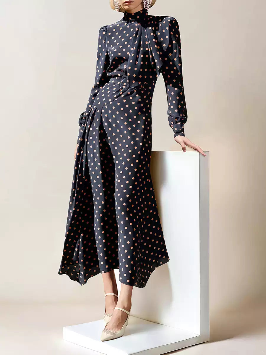 NAVY POLKA DOT TIE NECK MIDI DRESS WITH BELT