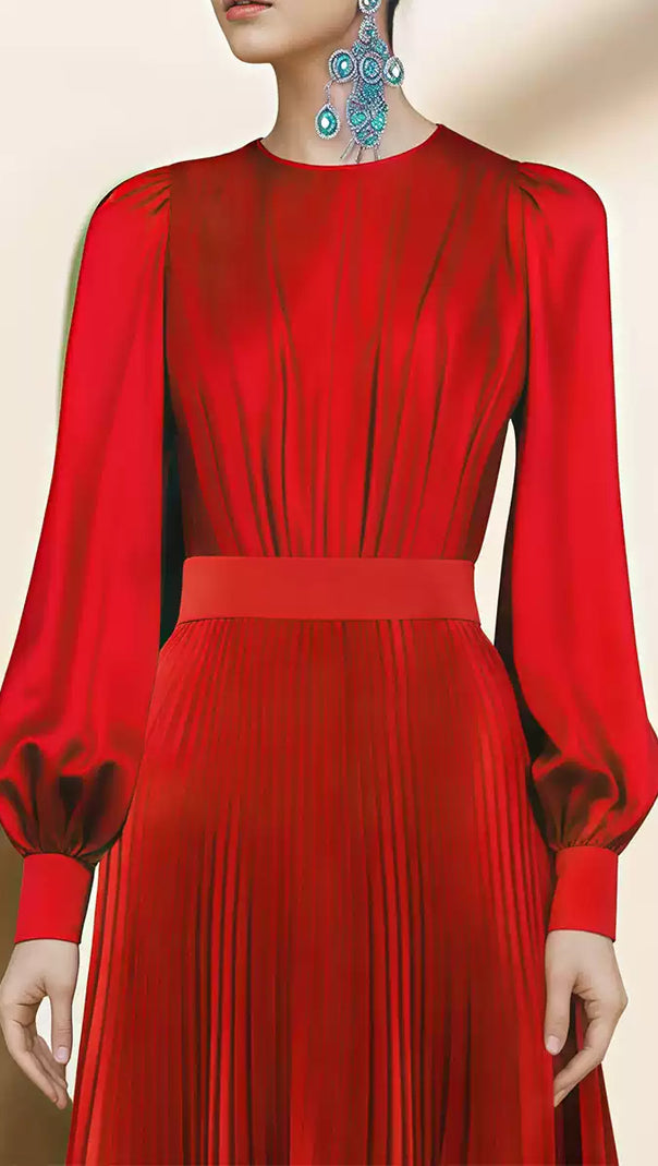 AIIZIE RED PLEATED MIDI DRESS WITH PUFF SLEEVES AND WAISTBAND - product image