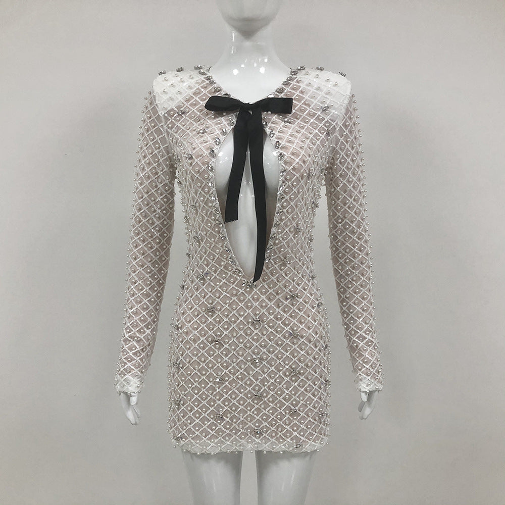 AIIZIE PEARL EMBELLISHED CUT OUT MINI DRESS IN BEIGE - product image