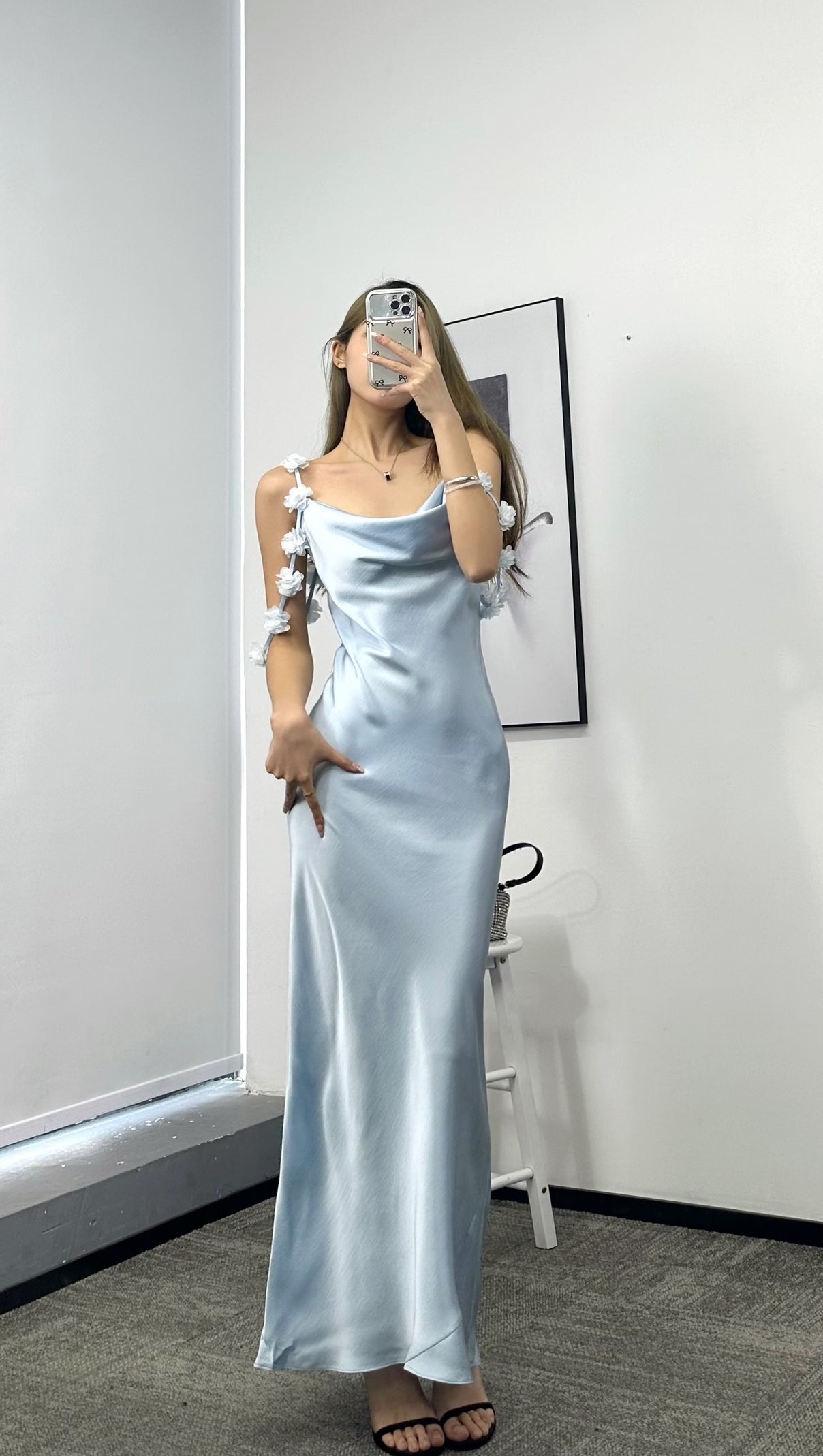 AIIZIE BLUE SATIN FLOWER MAXI DRESS - product image