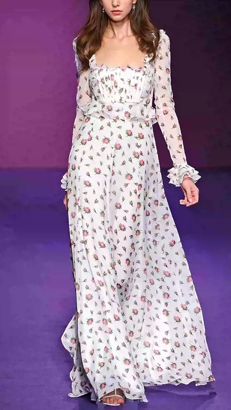 WHITE FLORAL RUFFLED MAXI DRESS WITH SQUARE NECKLINE