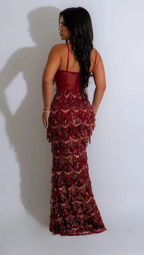 CAROL SEQUIN FRINGE MAXI DRESS IN RED